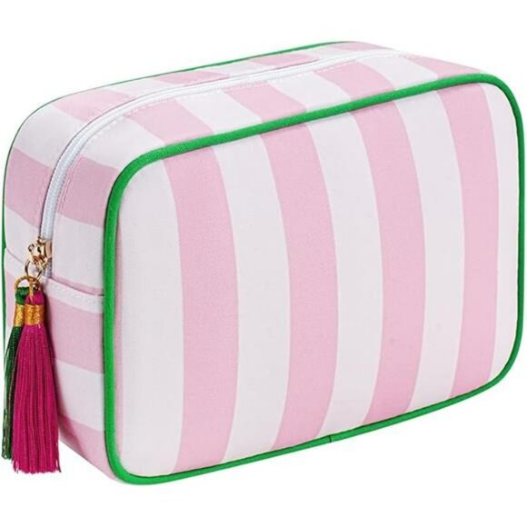 Large stripe canvas makeup bag tassel travel cosmetic toiletry storage bag pink - Picture 7 of 7